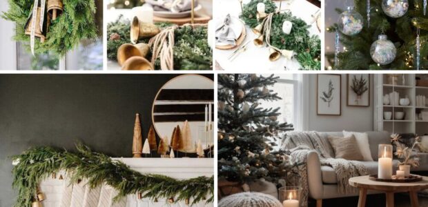 Minimalist Christmas décor with simple white and neutral ornaments, soft fairy lights, natural greenery, and clean modern holiday accents.