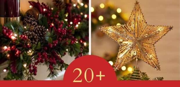 Collage of traditional Christmas decorations featuring a decorated Christmas tree with red ribbons and ornaments, a cozy living room with fireplace and garlands, close-up of gold and red baubles on a tree, festive garland with pinecones and berries, and a golden star tree topper. Text overlay reads: '20+ Embracing Traditional Christmas Décor: A Timeless Holiday Style. Featuring 20+ Shopee Finds to Bring Classic Cheer. Curated by Cha.